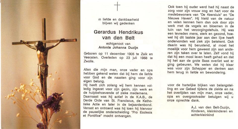 bidprentje Gerardus Hendrikus van den Belt