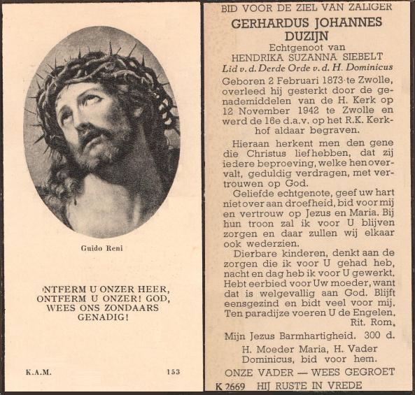 bidprentje Johannes Gerardus Duzijn